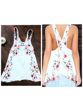 Free People Boho Rayon Floral Crossover Back Asymmetrical Hem Tank Top Med